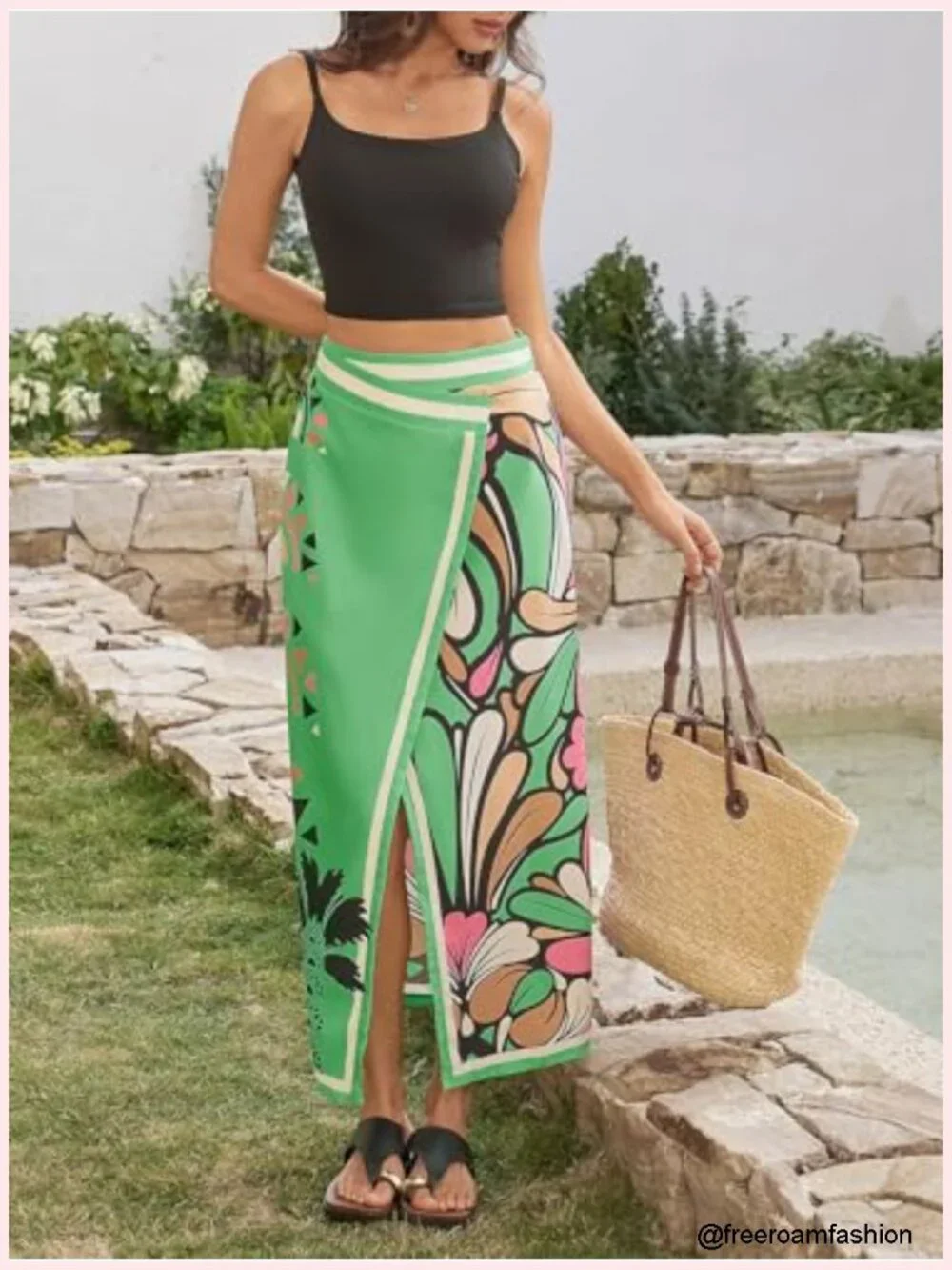 Floral Wrap Maxi Skirt Boho Elastic High Waisted Side Zipper A Line Midi